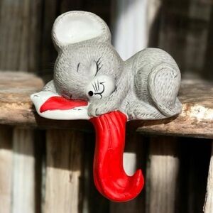 Vintage Christmas decor Fireplace Mantle Ceramic sleeping mouse